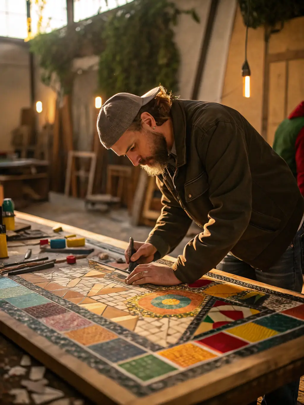 A close-up shot of a craftsman carefully installing a mosaic tile pattern, highlighting the precision and artistry involved in Dragon Engineering's installation services.