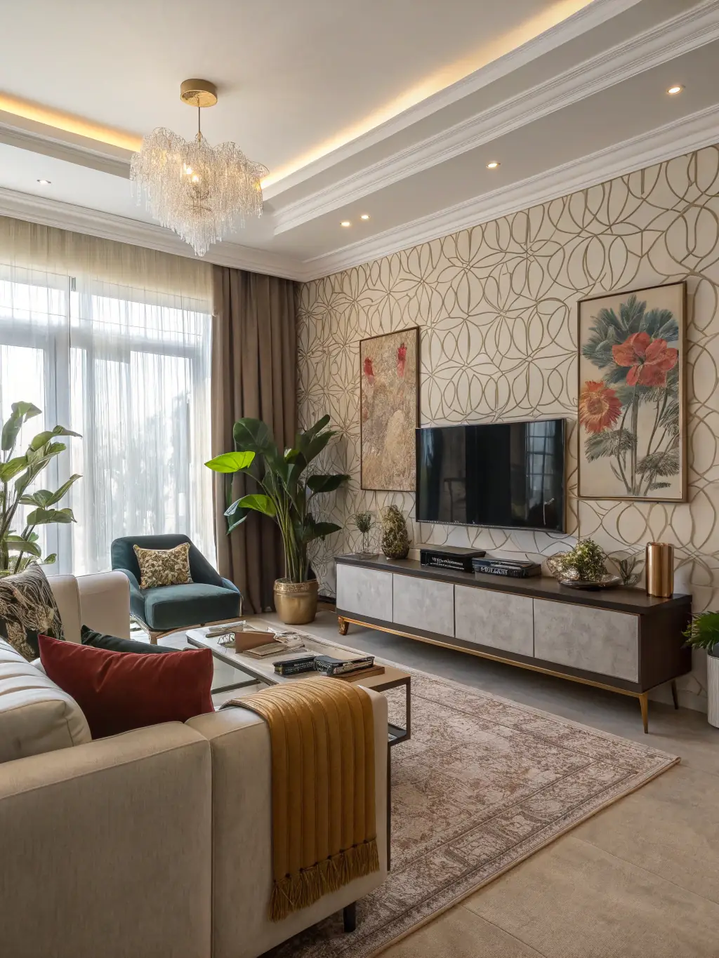 A brightly lit, modern living room featuring a variety of Dragon Engineering's floor and wall tiles, showcasing a clean and minimalist design.